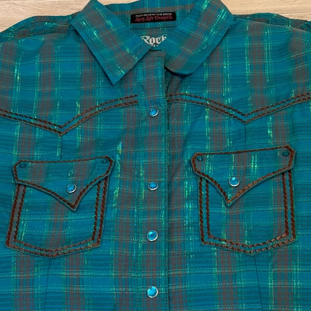 Rock 47 by Wrangler Teal Plaid Western Snap Button Shirt — Size Medium - Picture 9 of 11